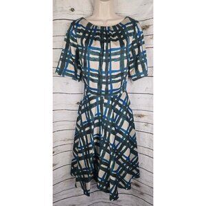 Boden Blue Green Plaid Dress US12L UK16L Midi Fit & Flare 100% Cotton